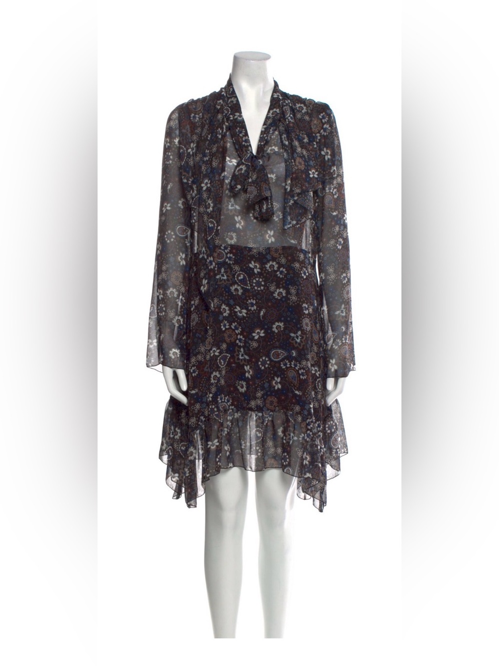 See By Chloe Navy and Brown Floral Tie-Neck Long Sleeve Dress